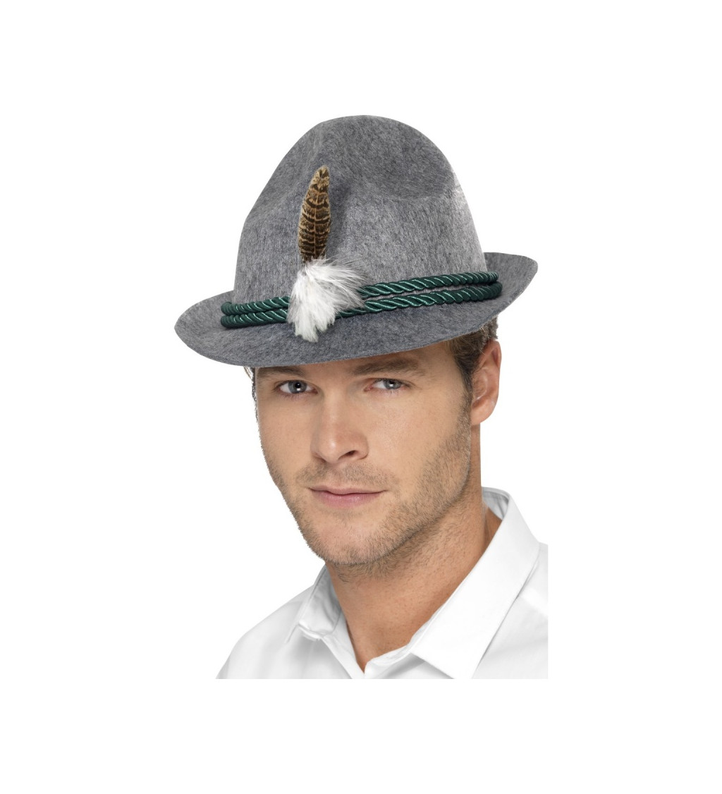 Bavorský klobouk s peříčkem - šedý