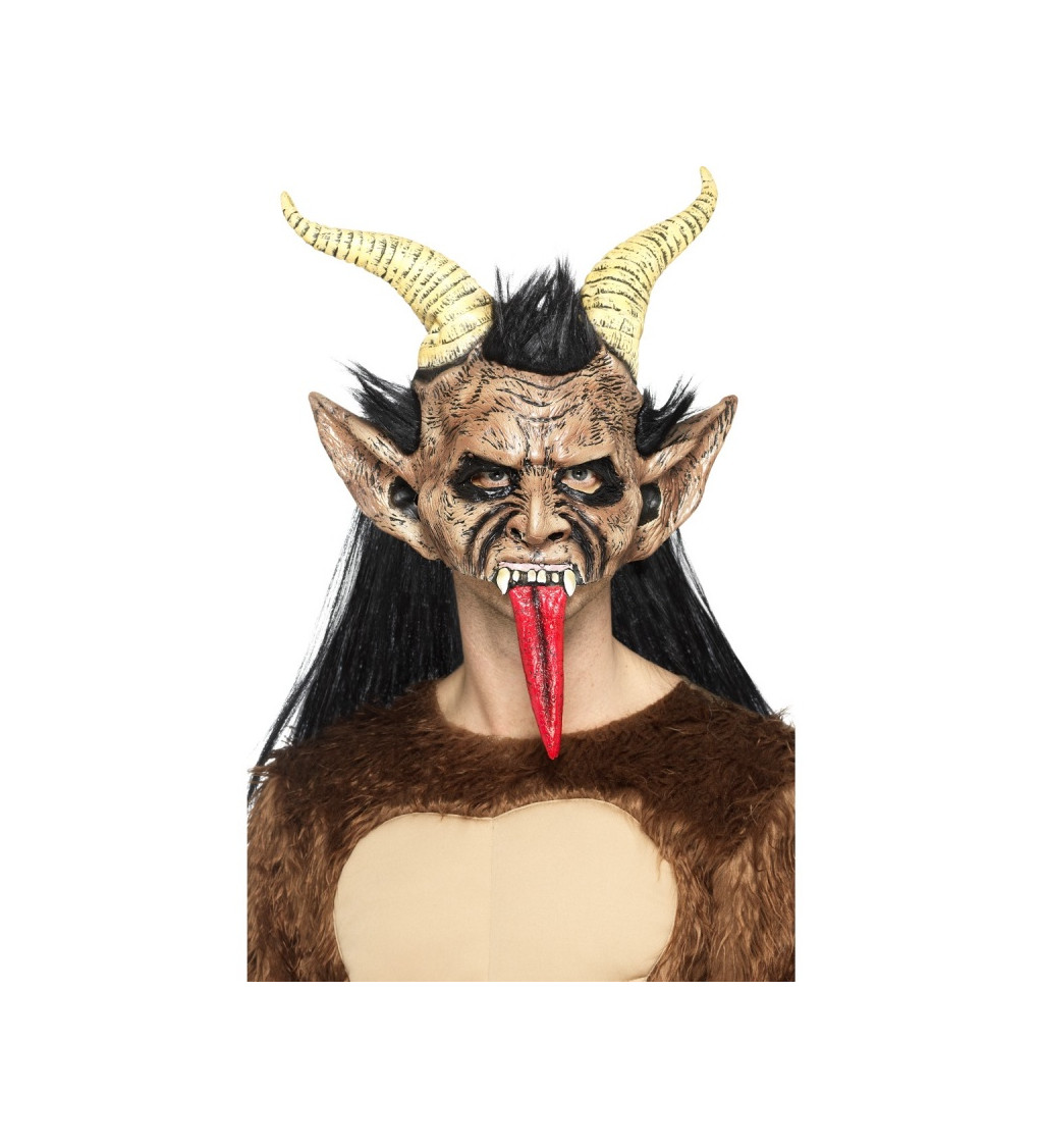 Latexová maska čert Krampus s vyplazeným jazykem