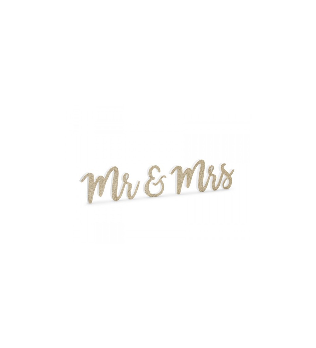 Dřevěný nápis Mr. & Mrs., glitrově zlatý