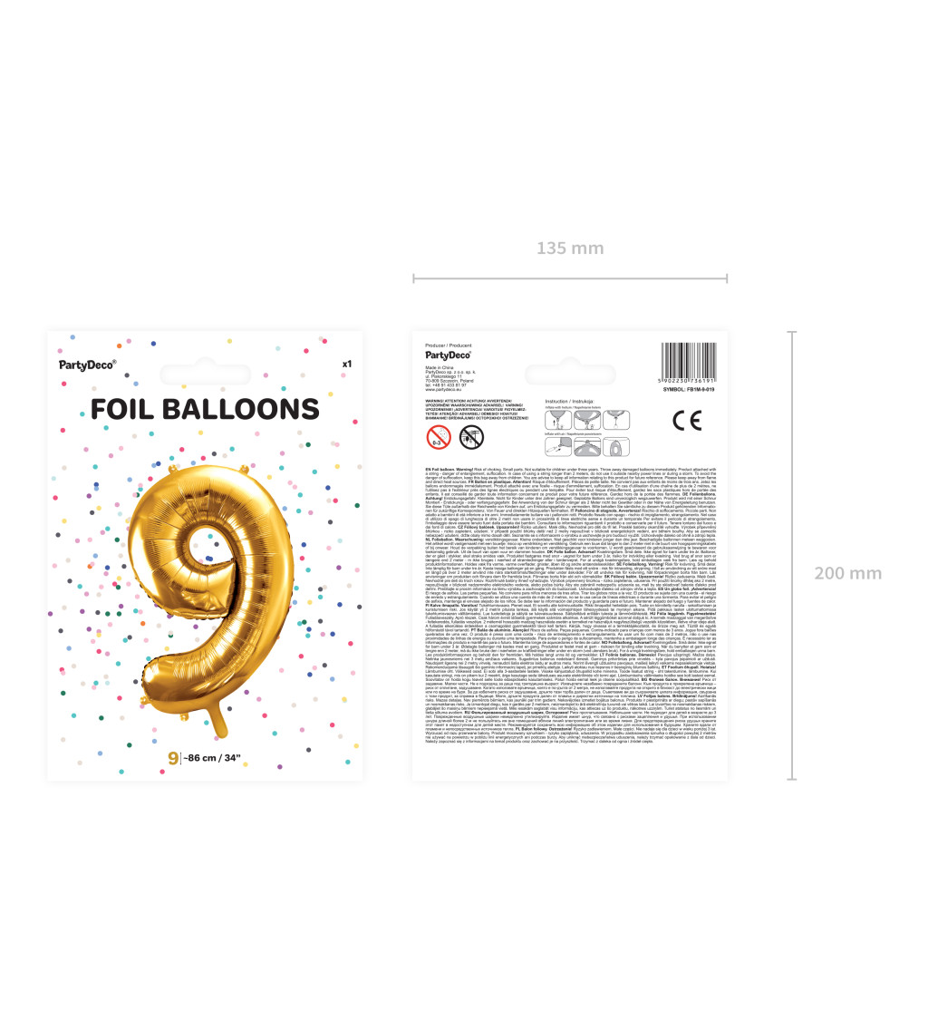 Balónek číslice 9 - zlatá