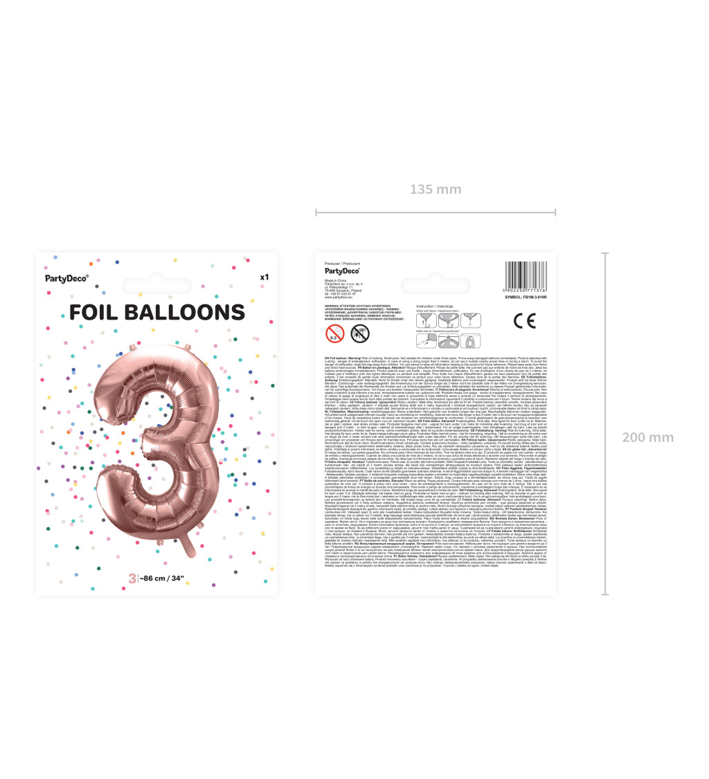 Fóliový balónek s číslem 3 - rosegold