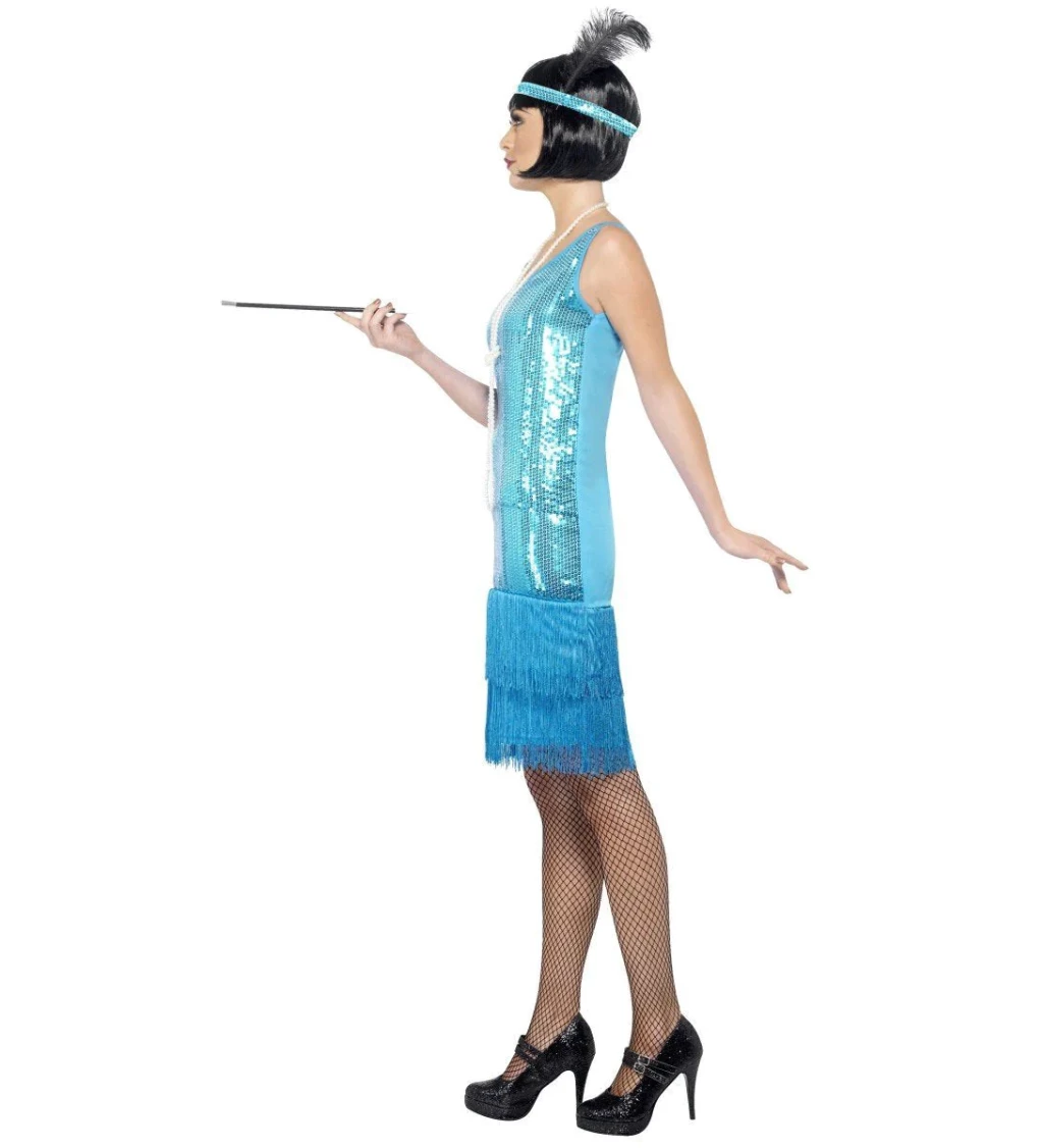 Dámský kostým Prohibice, modré třpytivé šaty