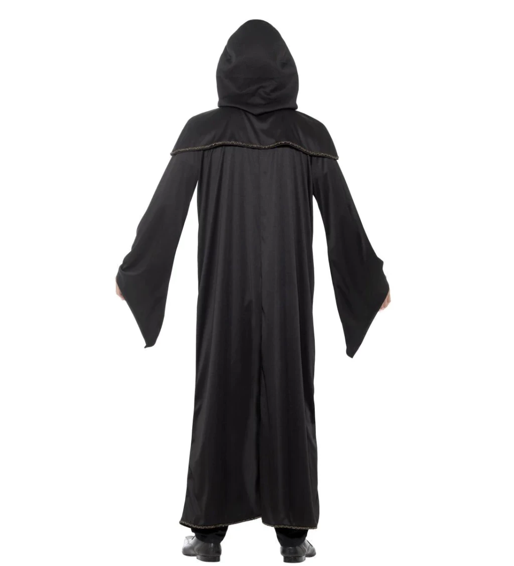 Černý plášť s kapucí pro čaroděje