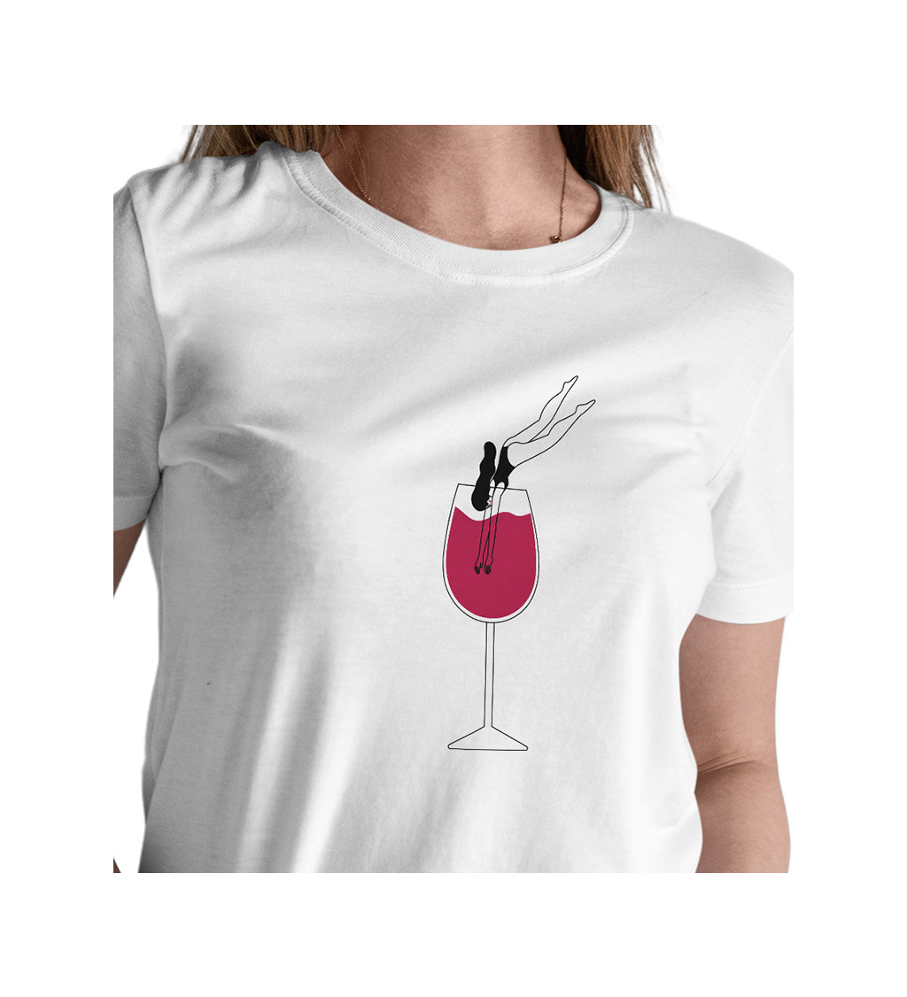 Dámské triko bílé-  Sklenice vína šipka