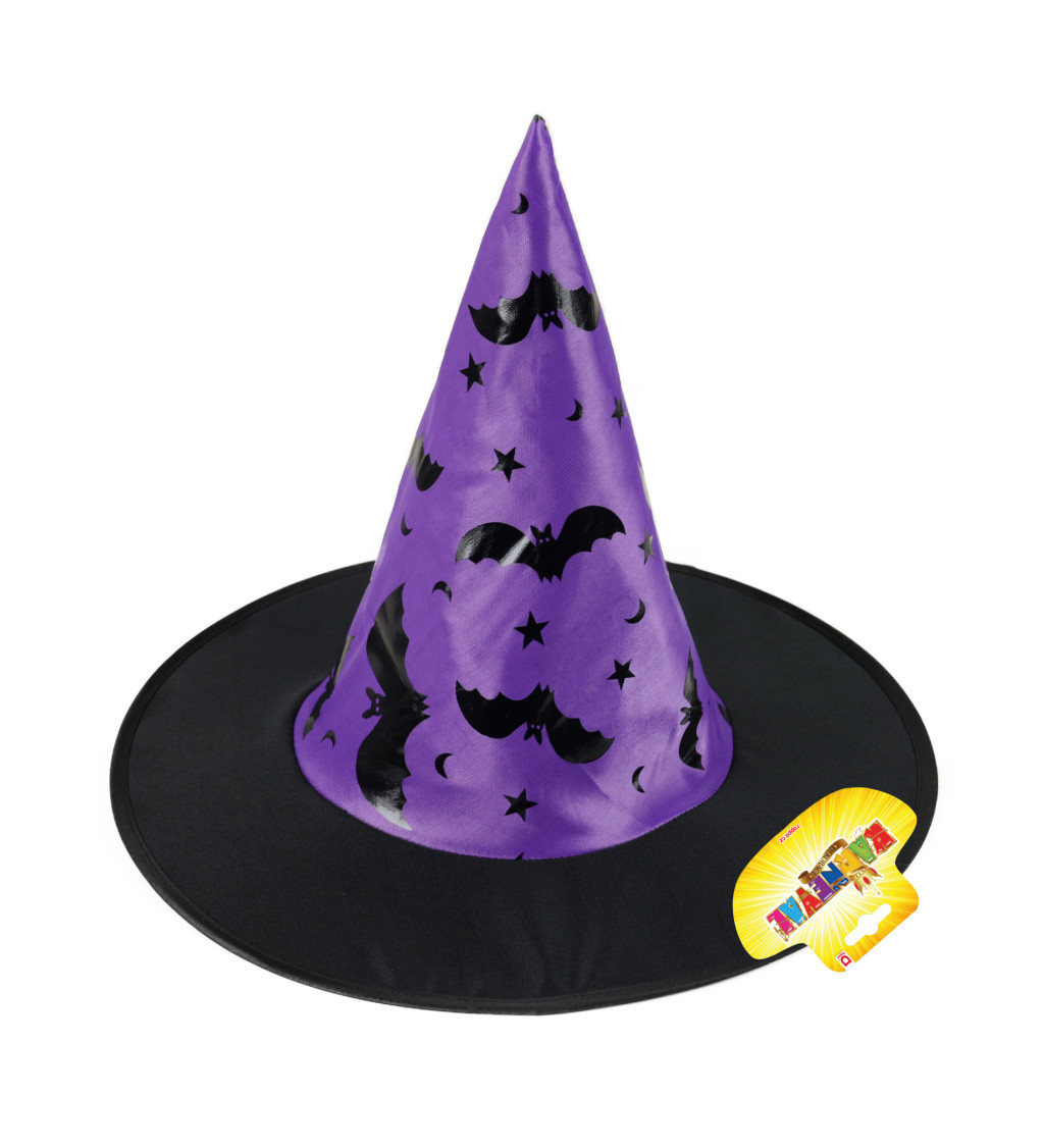 Dětský klobouk - Čarodějnice, fialový s netopýry