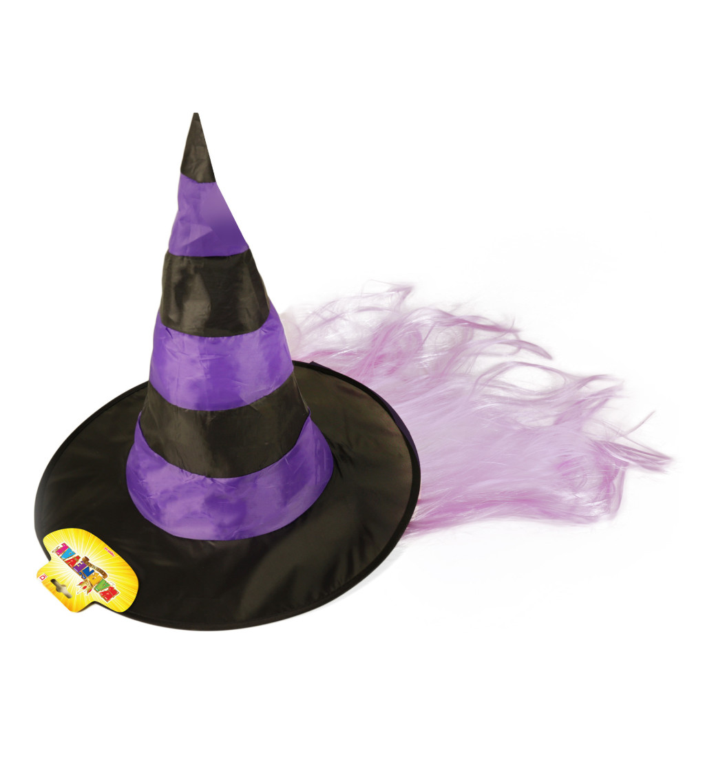 Fialový pruhovaný klobouk s vlasy - Čarodějnice
