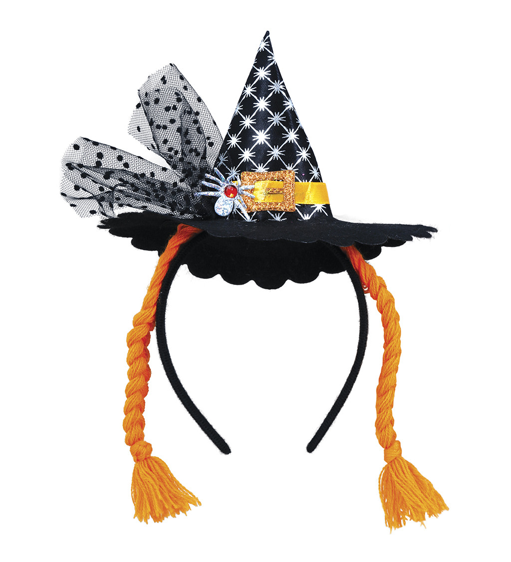Mini čarodějnický klobouk, na čelence s oranžovými copánky