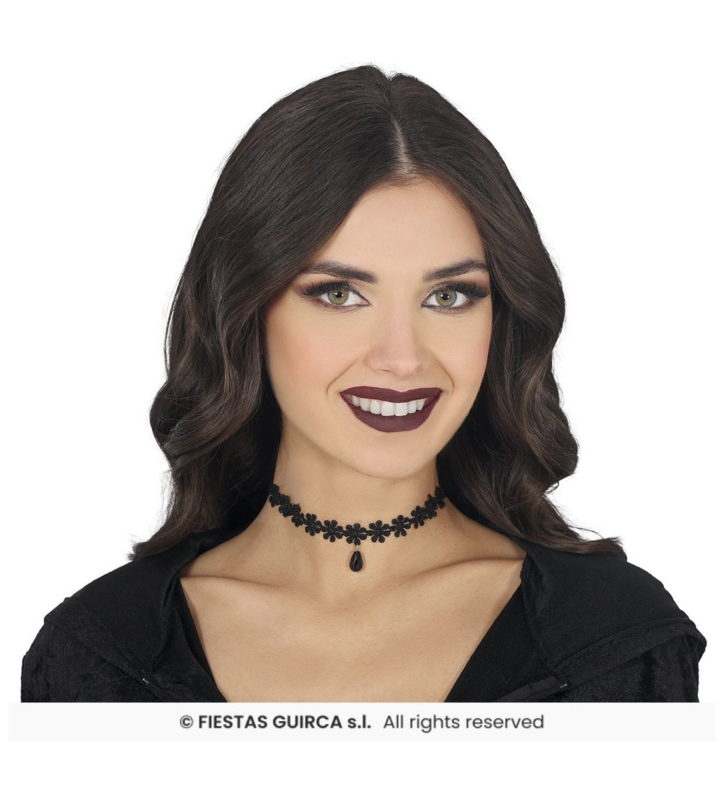 Černý krajkovaný choker - květiny