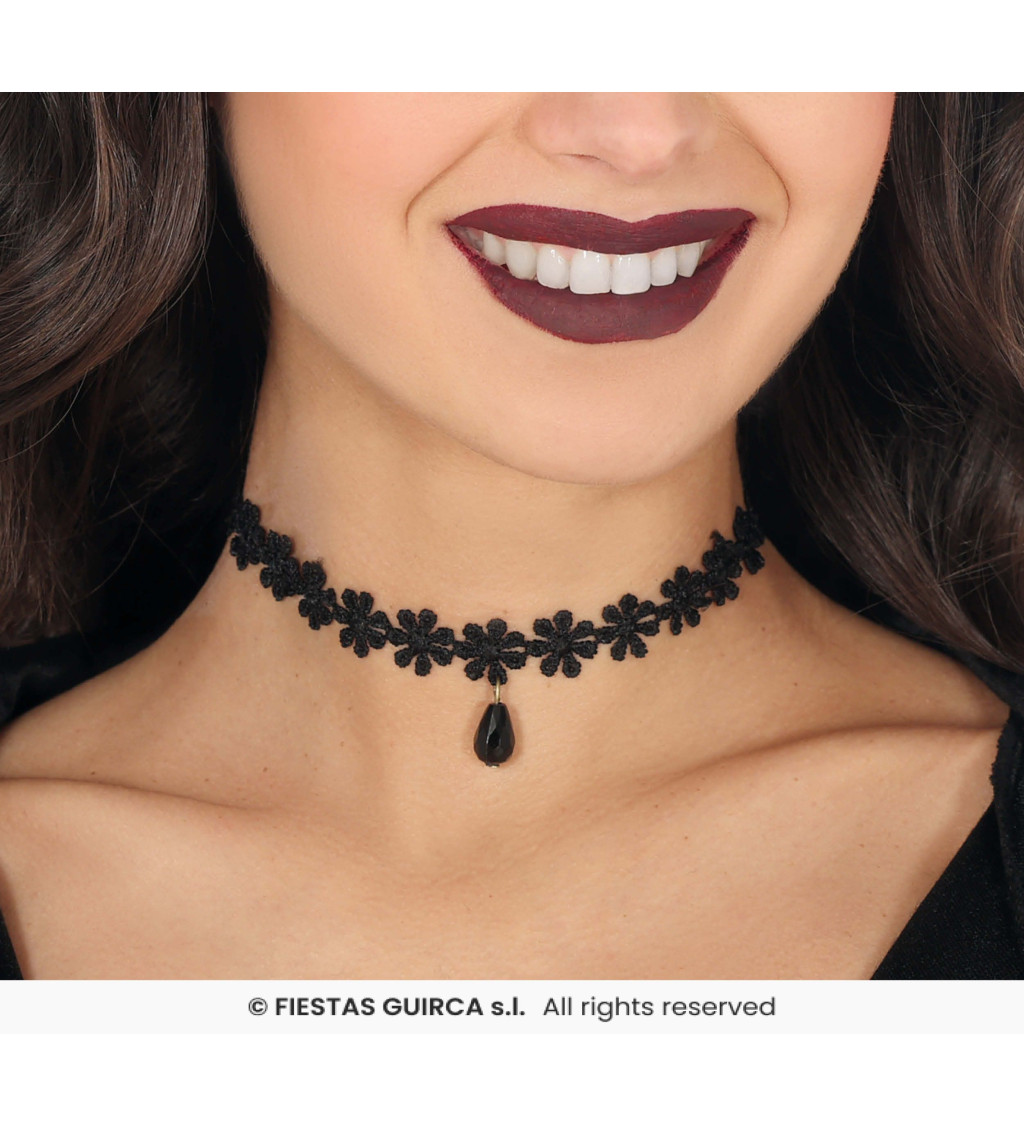 Černý krajkovaný choker - květiny