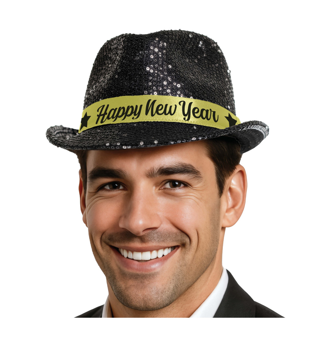 Klobouk - Happy New Year černé flitry