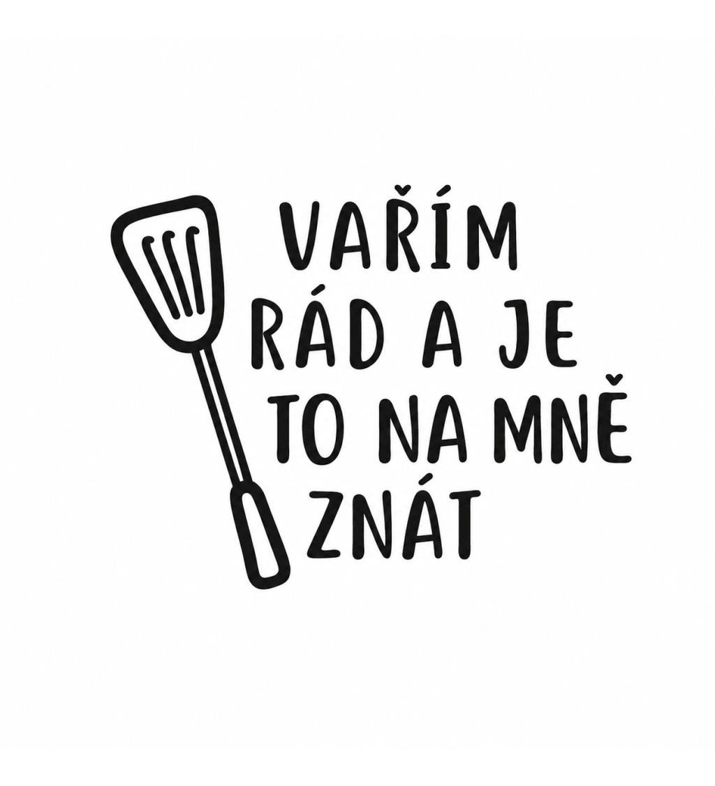 Zástěra bílá s nápisem Vařím rád a je to na mě znát