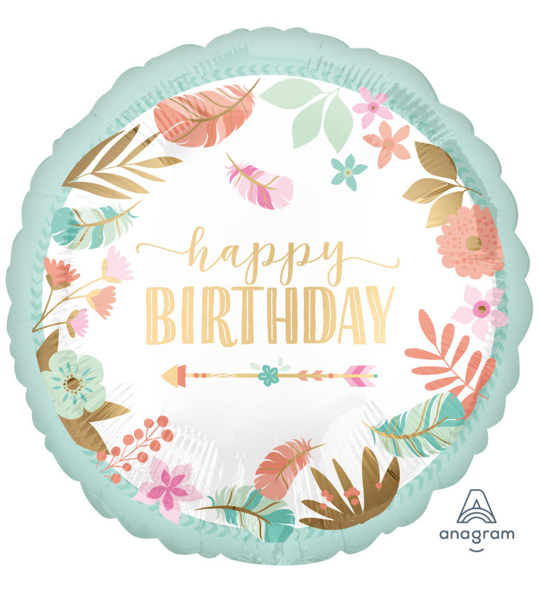 Květinový kulatý balón - Happy Birthday