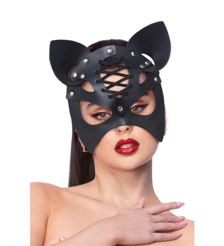 Kožená maska kočky - černá