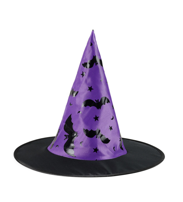 Dětský klobouk - Čarodějnice, fialový s netopýry