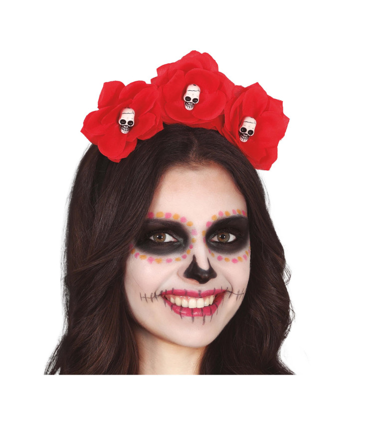 Červená Catrina, květy a lebky