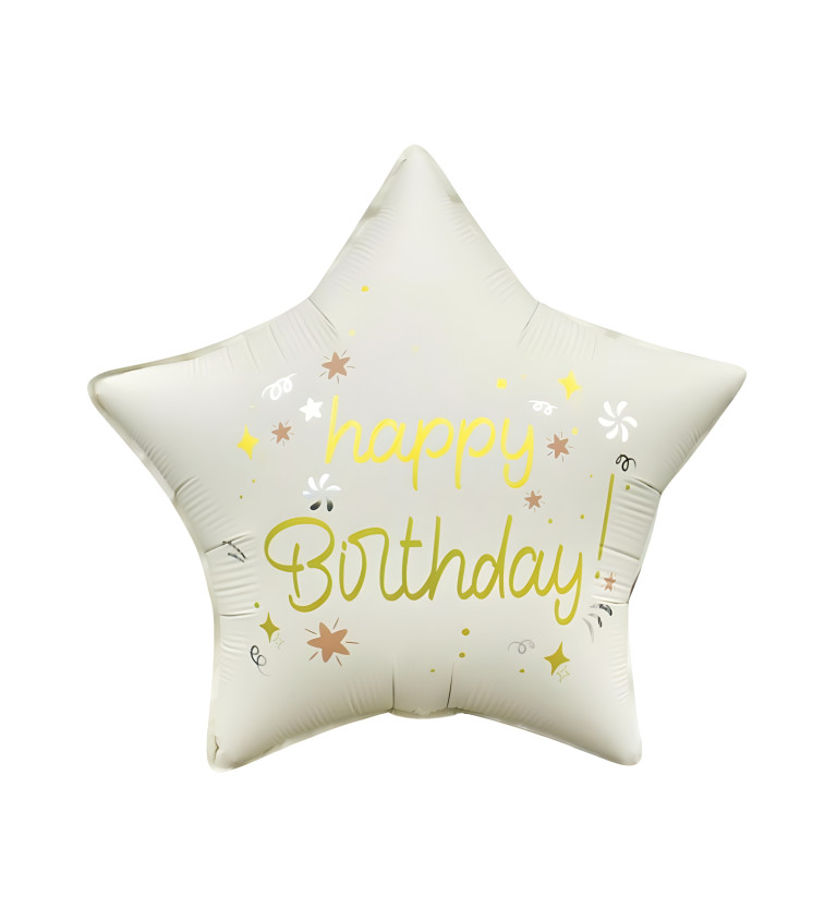 Fóliový balónek - "Happy birthday" hvězda, bílá