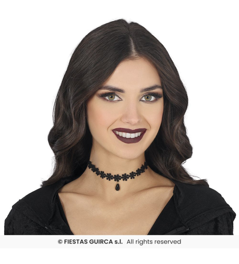 Černý krajkovaný choker - květiny