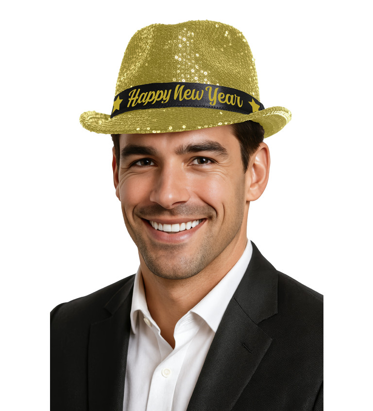 Klobouk - Happy New Year zlaté flitry